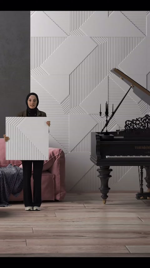 Diyagonal oluklu panel örneği, döşenmiş salon içerisinde sunuluyor