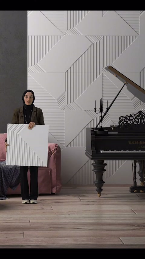 Dekoratif panel örneği, salon zeminine yakın seviyede dik tutuluyor