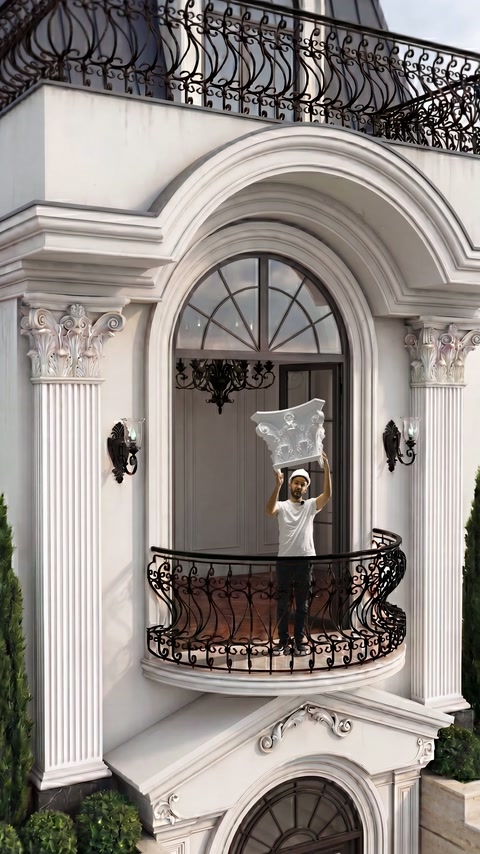 Volüt detaylı sütun başlığı balkon açıklığında iki elle sergileniyor