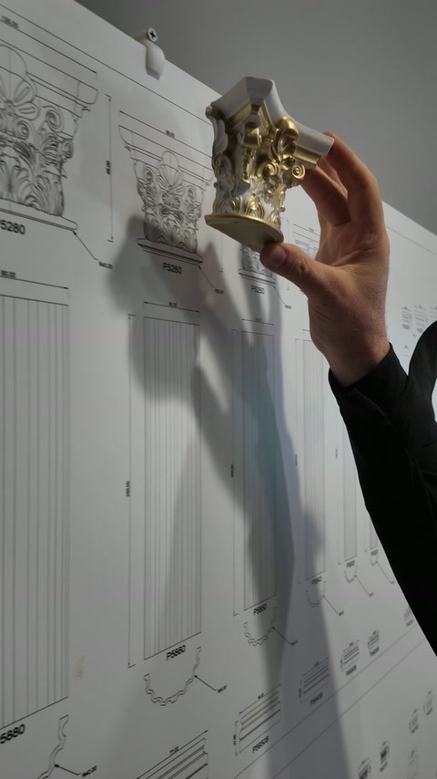 Altın tonlu sütun başlığı örneği, ürün çizimleri önünde ayrıntılı inceleniyor.