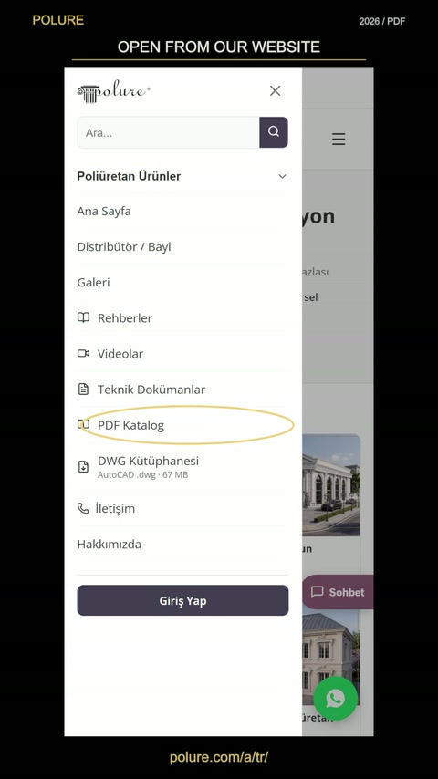 Açılır menüde PDF katalog bağlantısına erişim adımı gösteriliyor.