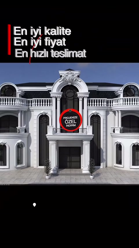 Hazırlanan üç boyutlu villa cephesi dekoratif giriş düzeniyle birlikte sunuluyor