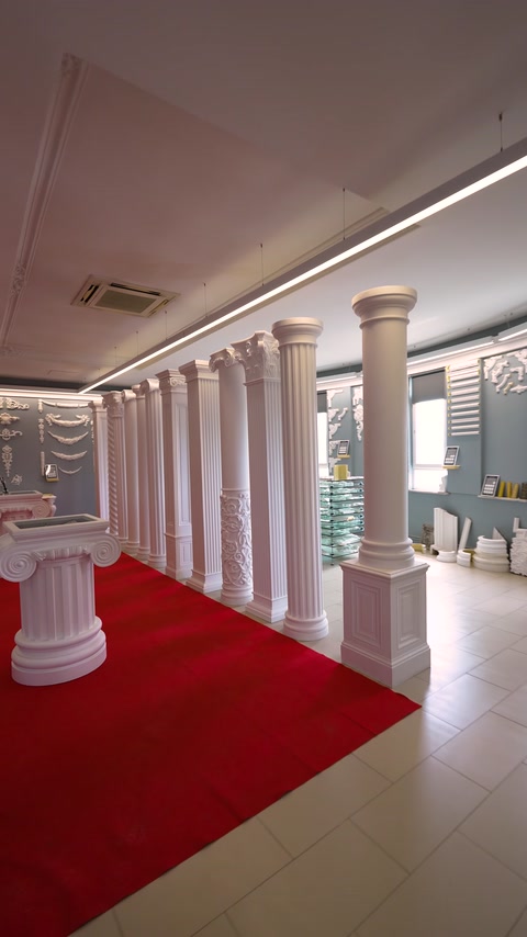 Showroom geçişini çevreleyen farklı başlıklı dekoratif sütun modelleri