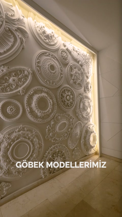 İşlemeli poliüretan göbek modellerinin kabartma ayrıntıları yakından görülüyor