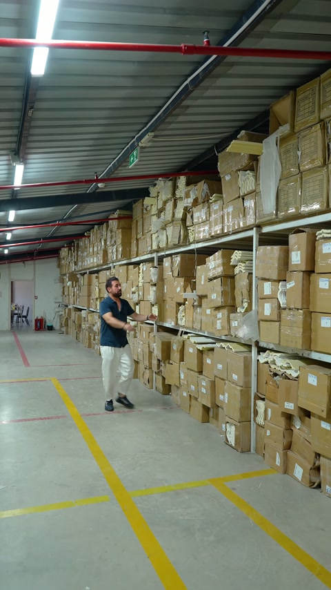 Kutularla çevrili depo koridorunda dekorasyon ürünleri tanıtılıyor.