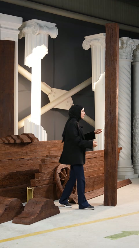 Sunucu, uzun ahşap efektli kirişin yüzeyine doğru uzanıyor