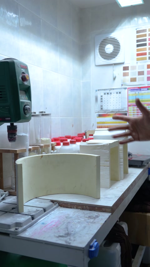 Kavisli poliüretan profil numuneleri laboratuvar tezgâhında test için bekliyor