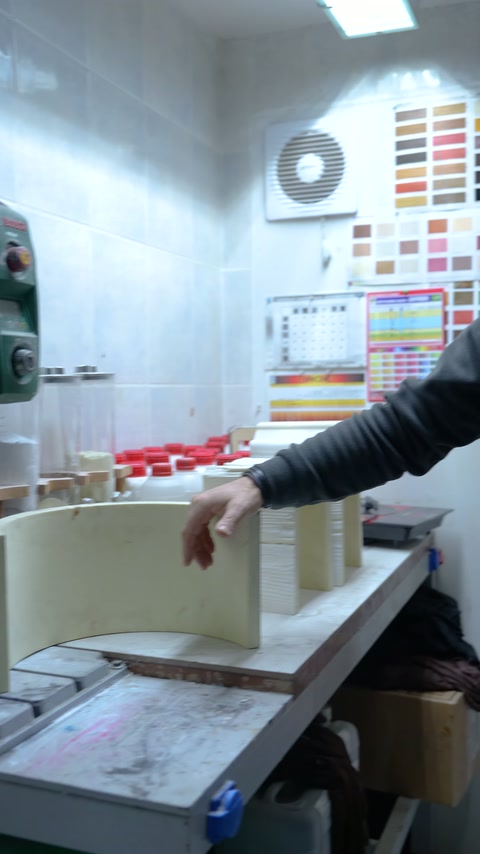 Görevli, tezgâhtaki kavisli profil numunesinin yüzeyini işaret ediyor