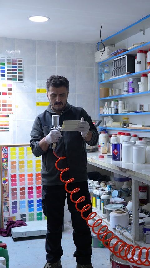 Görevli, hava hortumlu püskürtme tabancasıyla profil parçasını uygulamaya hazırlıyor