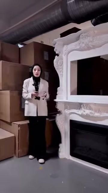 Sunucu kutuların yanında beyaz şömine modelini anlatmayı sürdürüyor