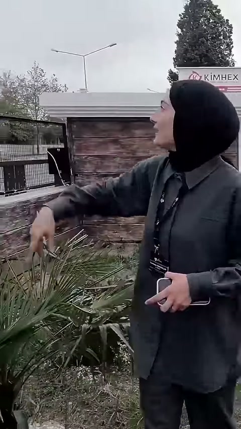 Sunucu, sütunların bulunduğu bahçe kenarında açıklama yapıyor.