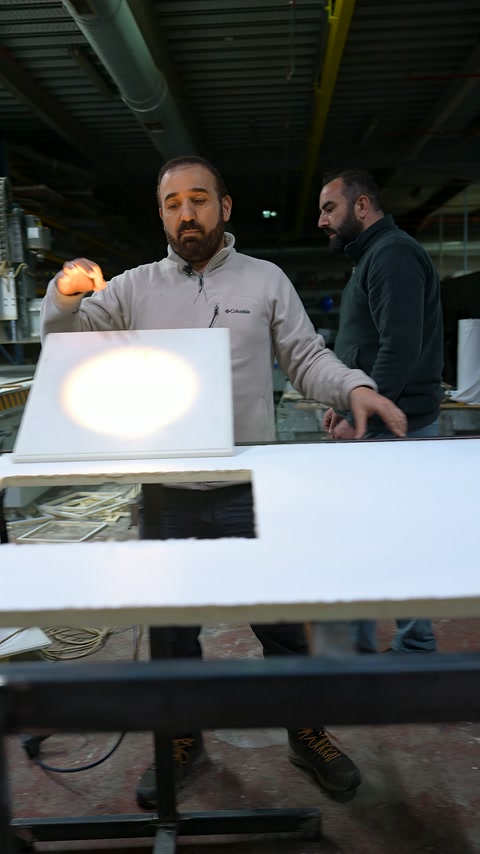 Usta, çalışma masasındaki parlak kare armatürü eliyle açıklıyor.