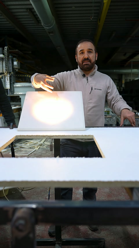 Aydınlatılan kare panel tezgâha dik yerleştirilerek ön yüzü sunuluyor.