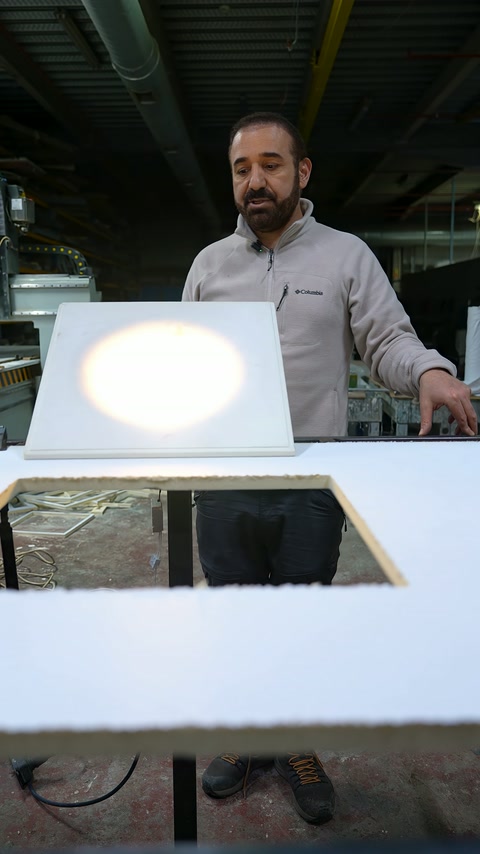 Tezgâhtaki amorf armatürün aydınlık merkezi sunum sırasında önden görülüyor.