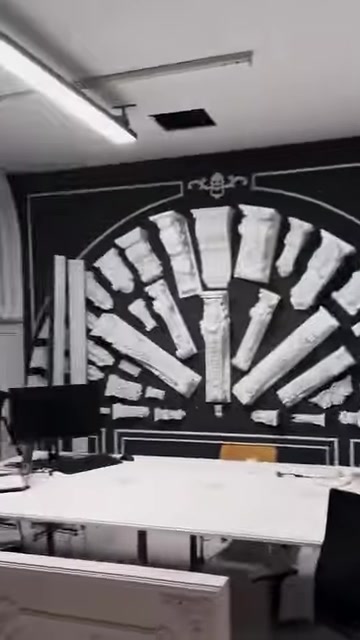 Yelpaze düzeninde sunulan kartonpiyer profil örnekleri arka duvarı kaplıyor