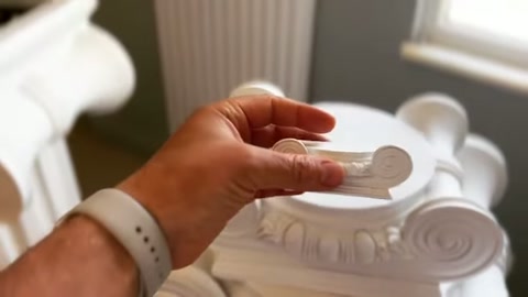 Küçük beyaz eleman, volütlü başlığın merkez yüzeyine oturtuluyor.
