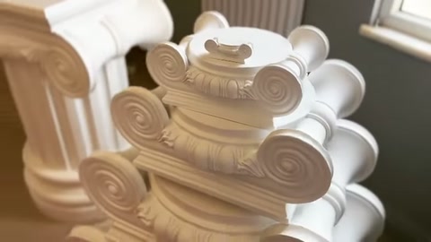 Merkez süsü yerleştirilmiş başlık, diğer volütlü modellerle birlikte sergileniyor.