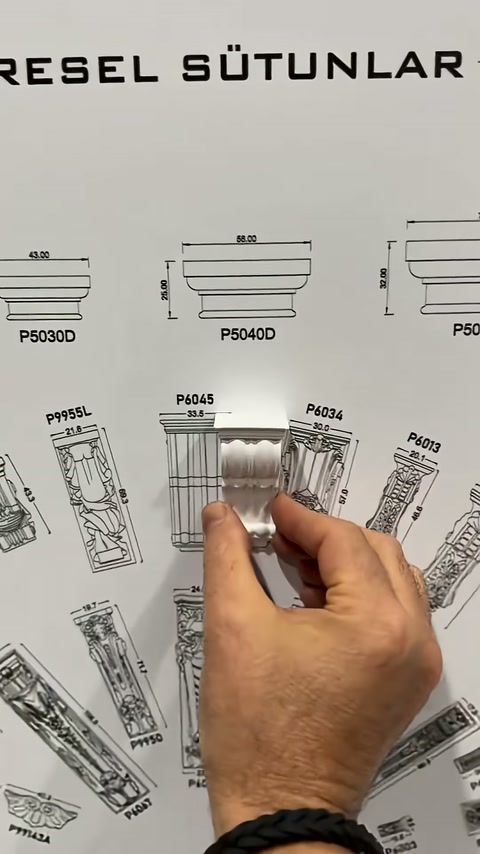 Oluklu gövdeli dekoratif destek örneği ürün çizimleriyle karşılaştırılıyor