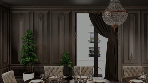 Dekoratif duvar panelleri, perdeli salonun oturma alanını çevreliyor