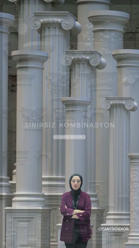 Dekoratif sütun modelleri önünde duran sunucu ve farklı başlık tasarımları görülüyor.
