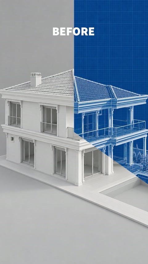 Sütunlu balkonları ve yatay silmeleri gösteren beyaz villa modeli