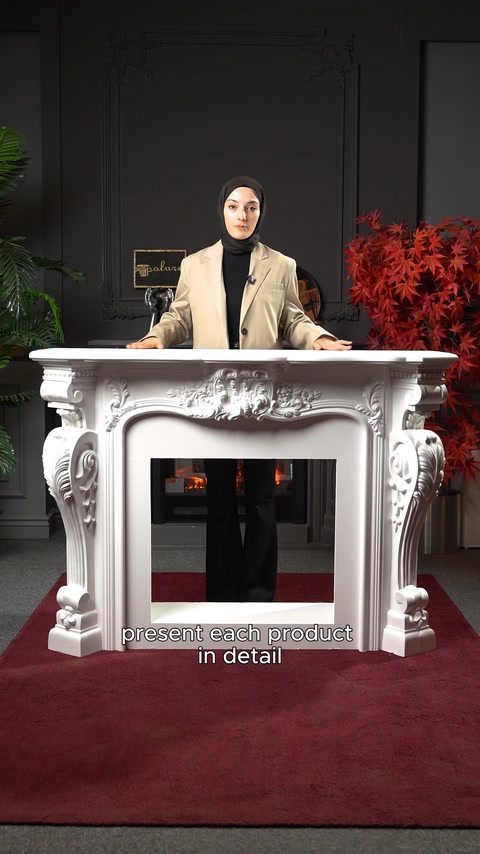 Kabartmalı beyaz şömine çerçevesi showroom içinde önden sergileniyor