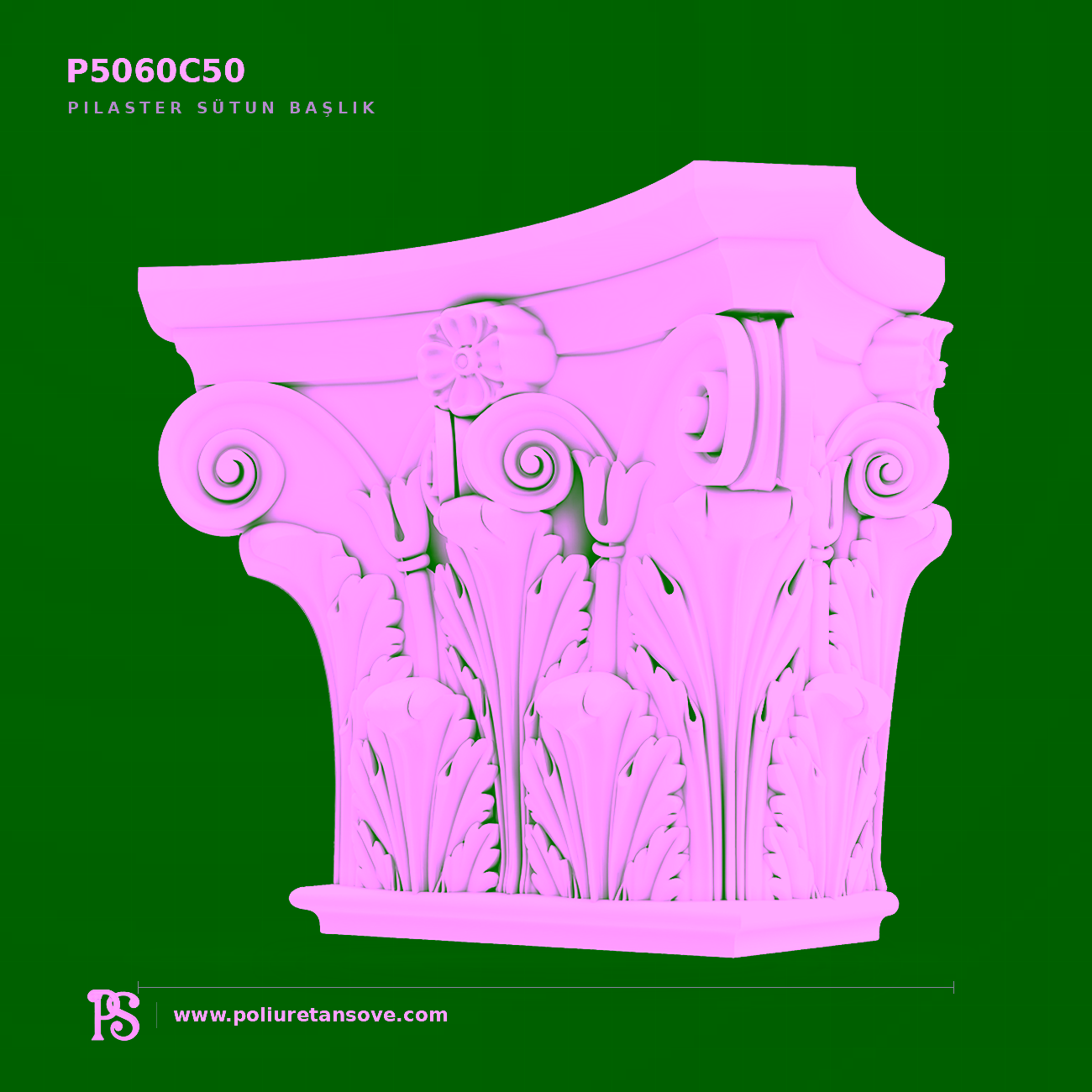 Çift Volütlü ve Akantus Motifli Poliüretan Pilaster Sütun Başlığı P5060C50